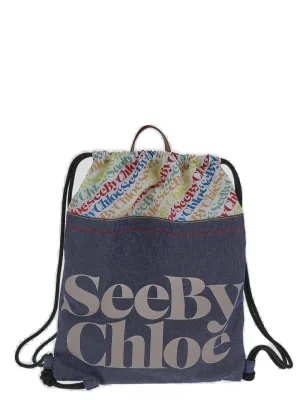 See By Chlo Logo Printed Layered Denim Gym Bag