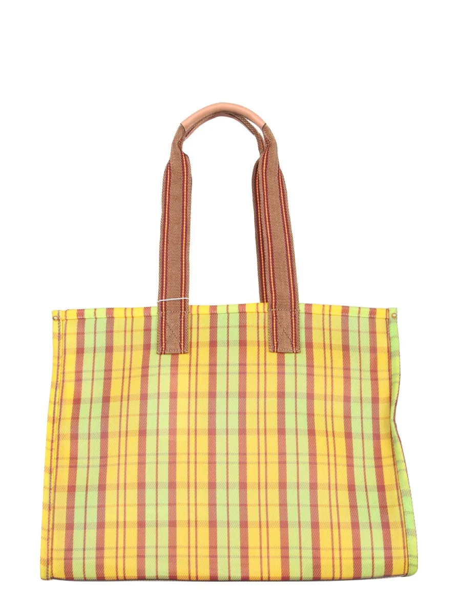 Tory Burch Ella Logo Patched Checked Tote Bag