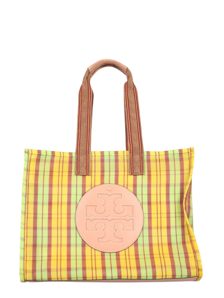 Tory Burch Ella Logo Patched Checked Tote Bag